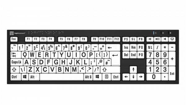 Logickeyboard Braille/Large Black on White NERO PC UK Keyboard